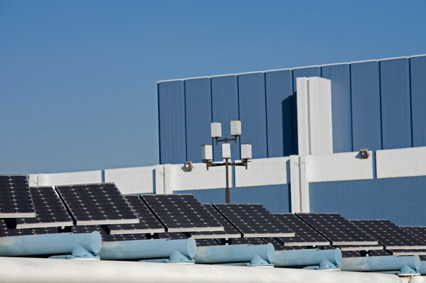 Solar panels in cityscape